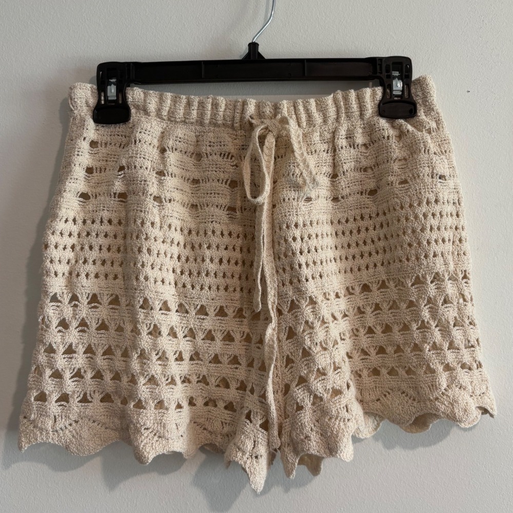 Summer crochet shorts Tidal Wave Knit Womens S Cream Scalloped Hem Drawstring
